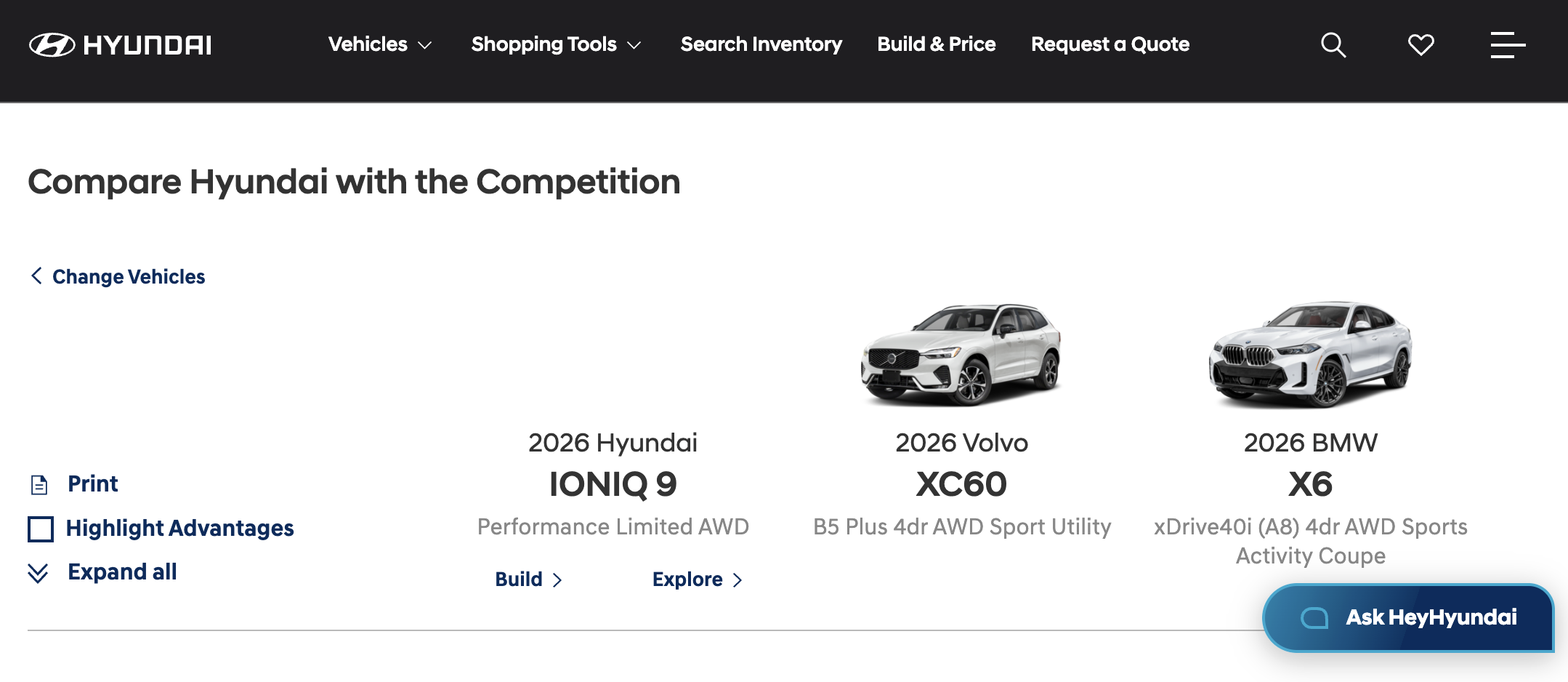 Hyundai&rsquo;s vehicle comparison tool showing the IONIQ 9 against a Volvo XC60 and BMW X6, with AI chat built in
