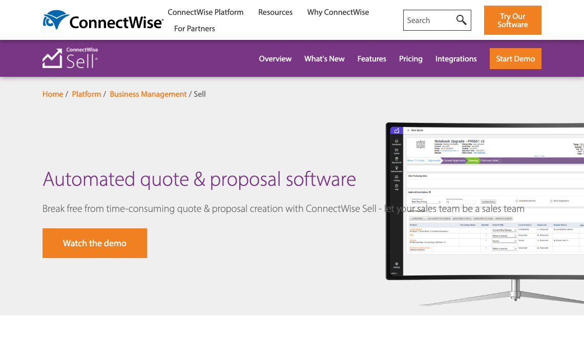 ConnectWise Sell sales tool homepage image