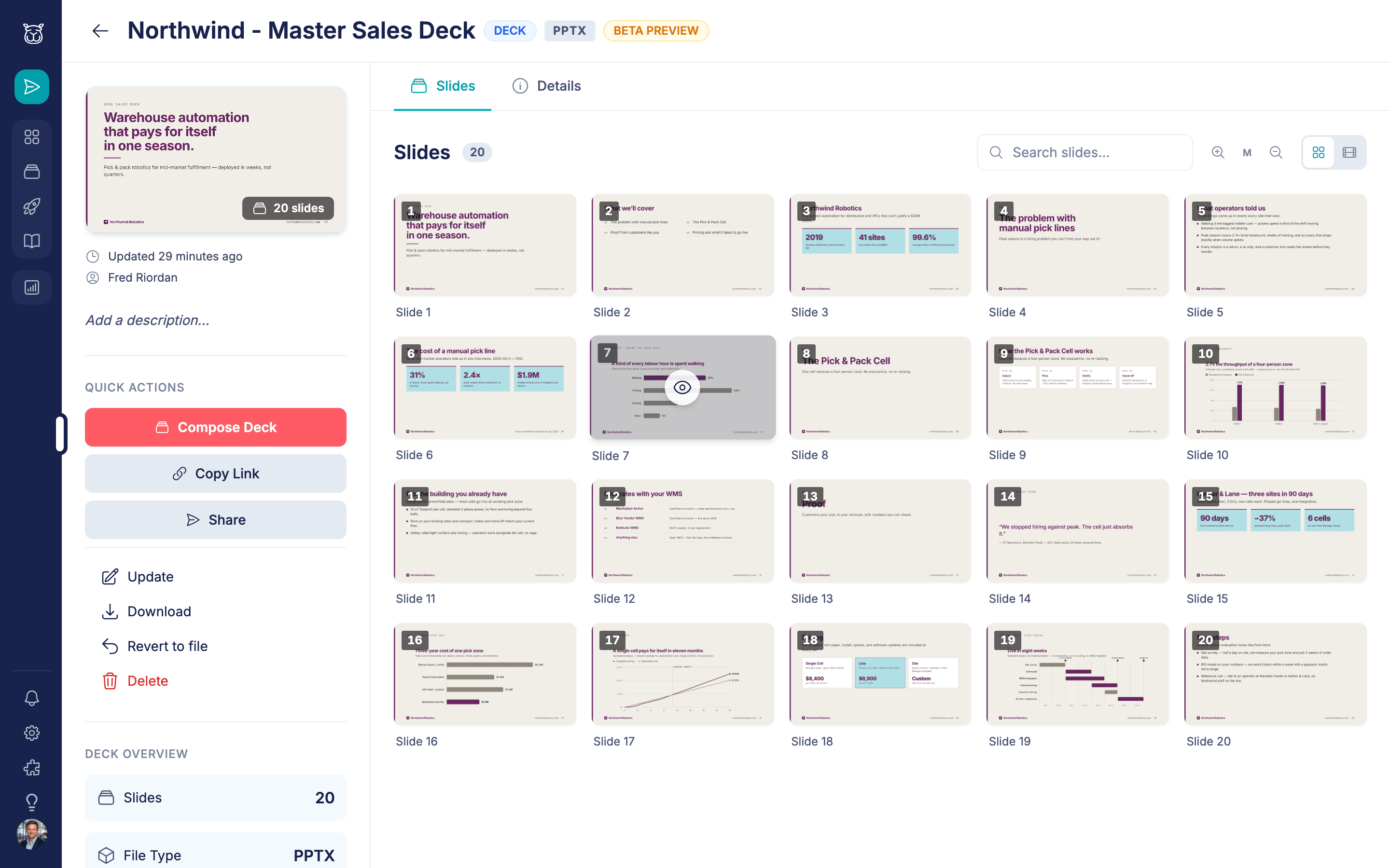 Deck detail page for a master sales deck showing a slide grid with DECK and PPTX badges and a 20-slide count