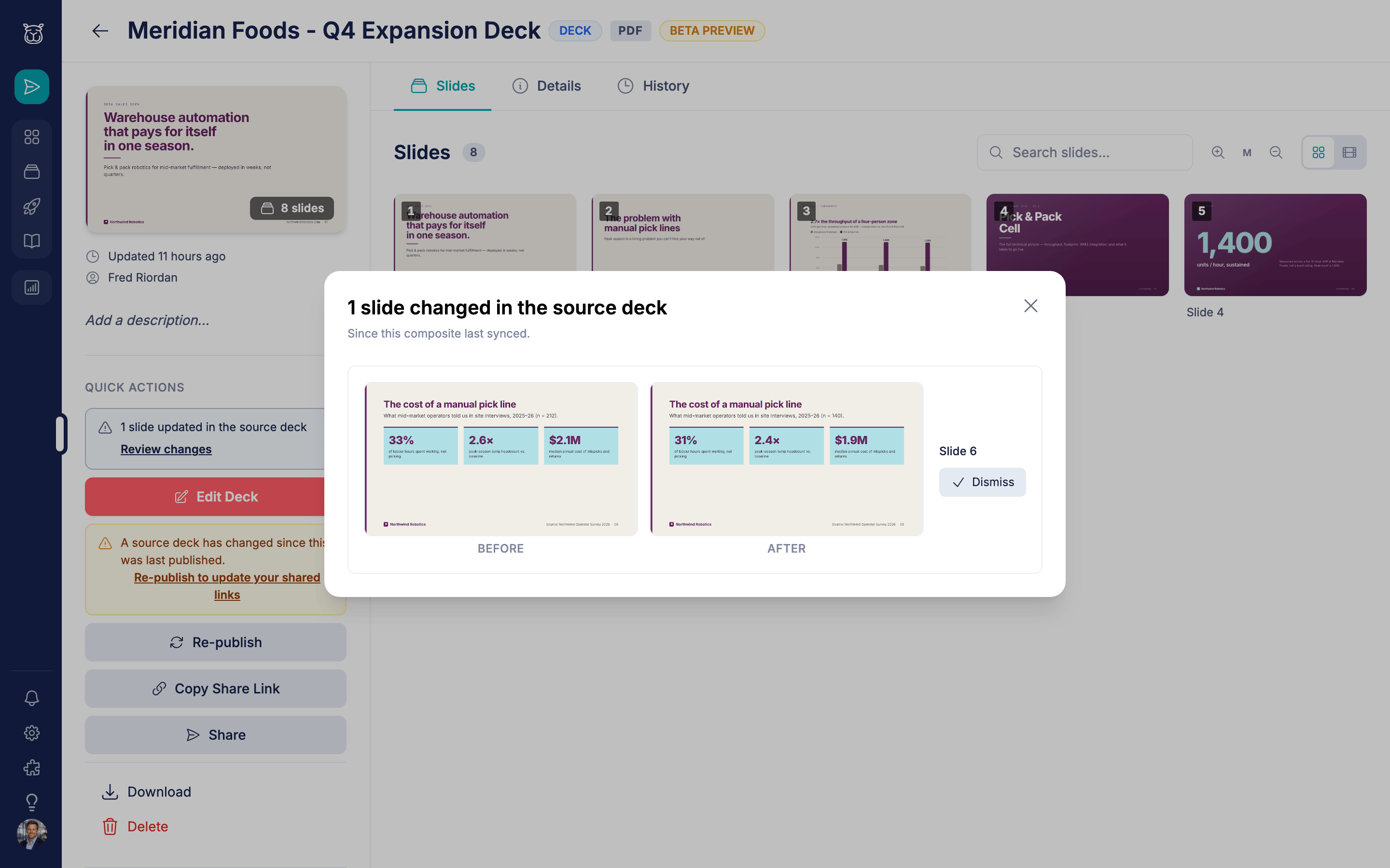 Master-deck update review modal showing a before-and-after comparison of a changed slide with a dismiss action
