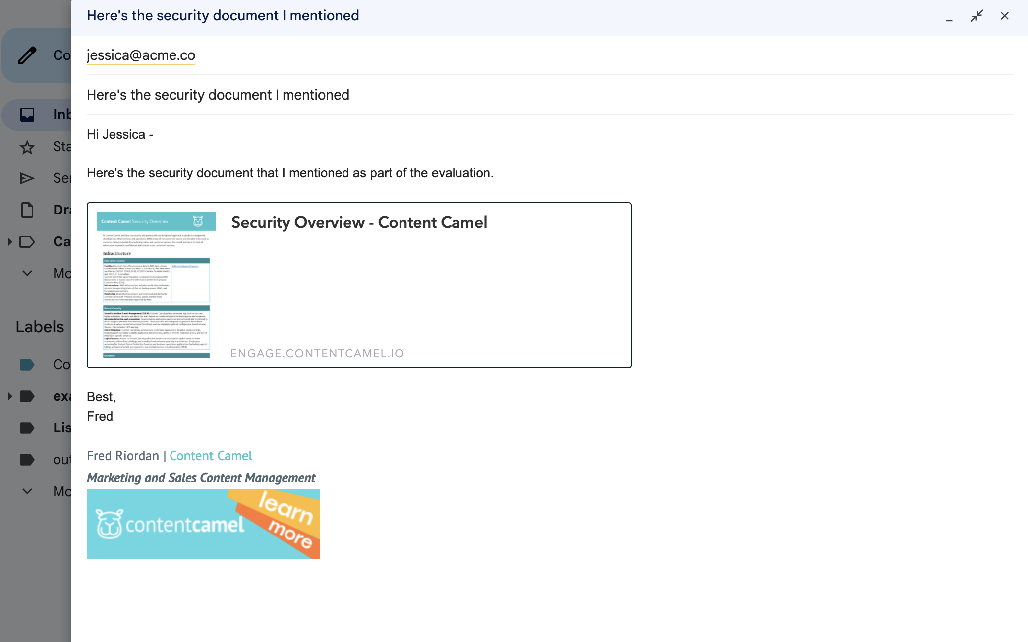 A Gmail compose window with a Content Camel card pasted into the body: document thumbnail, the title Security Overview, and the engage.contentcamel.io link