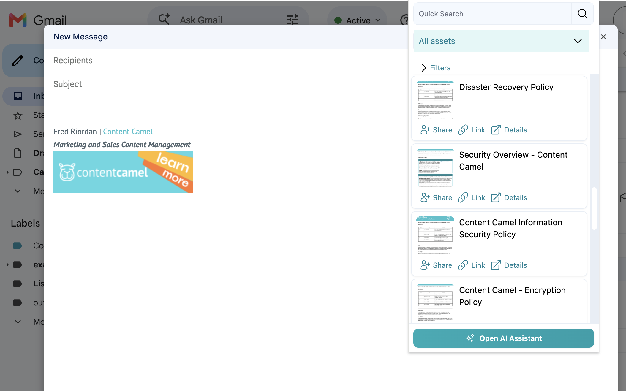 Content Camel Chrome extension open beside a Gmail compose window, listing library assets such as a Security Overview and an Information Security Policy, each with Share, Link and Details actions