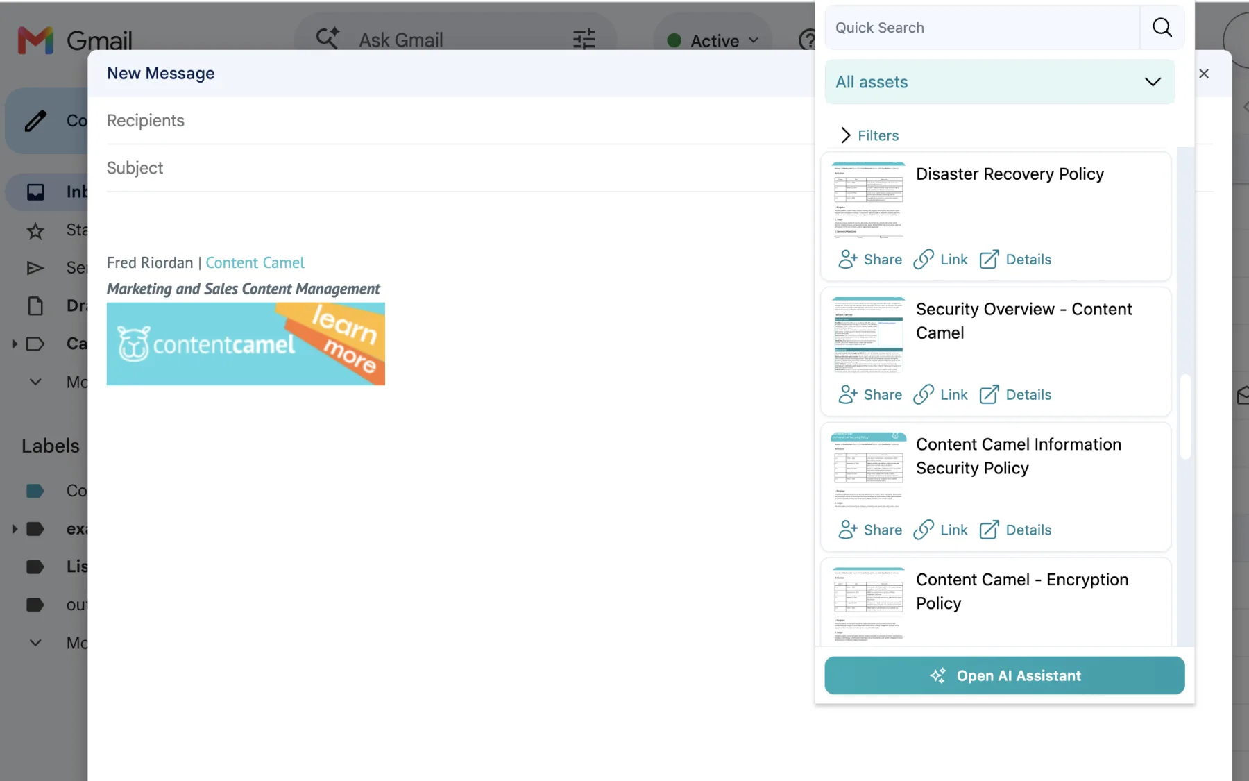 Content Camel Chrome extension open beside a Gmail compose window, listing library assets with Share, Link and Details actions and an Open AI Assistant button