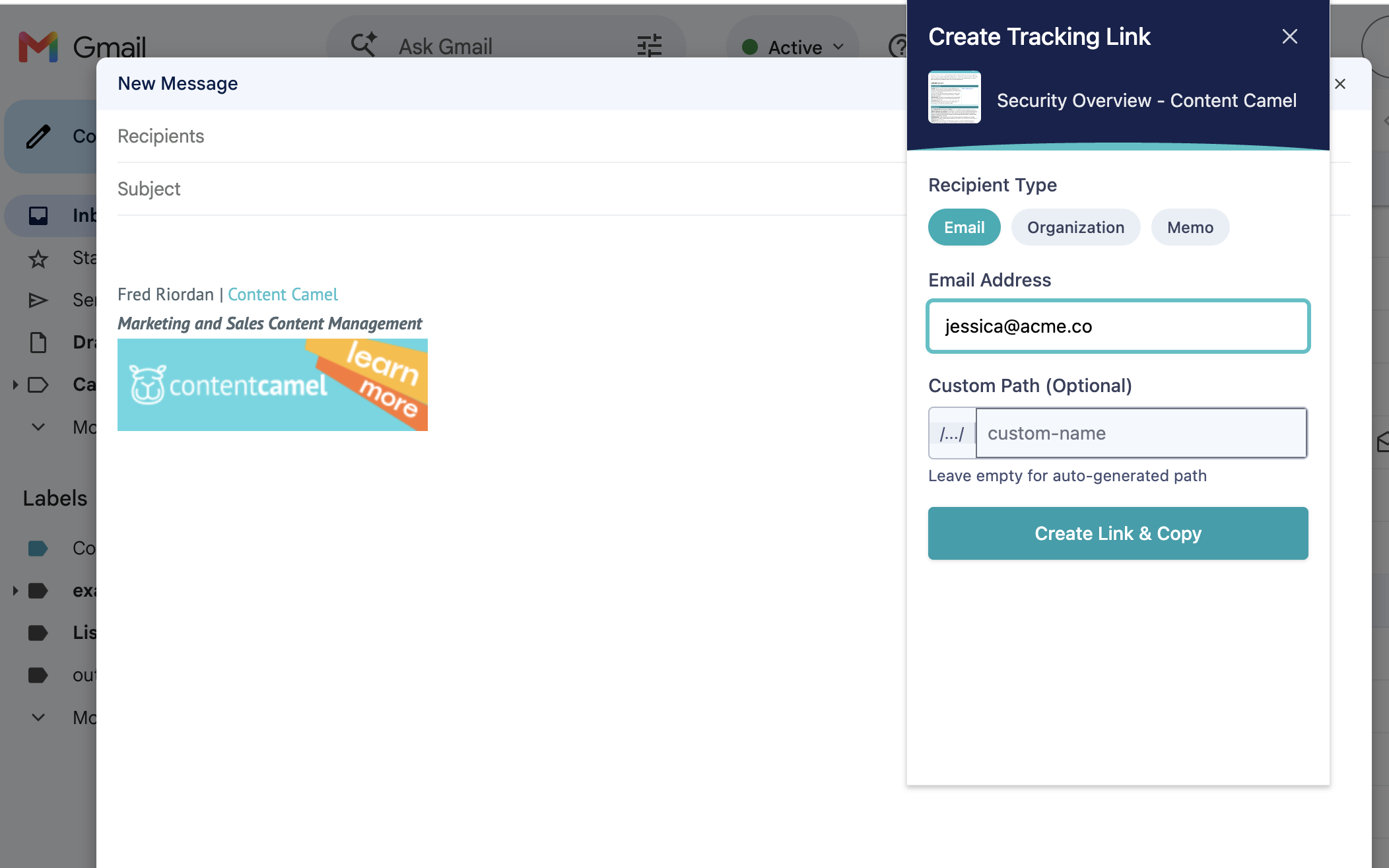 The extension's Create Tracking Link panel for a Security Overview asset, with recipient type set to Email, a recipient address filled in, an optional custom path, and a Create Link and Copy button