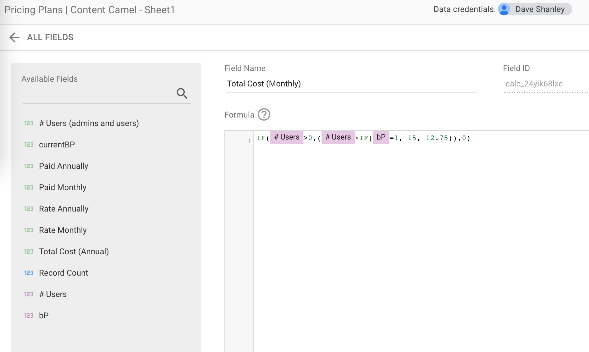 Google Data Studio fields formulas