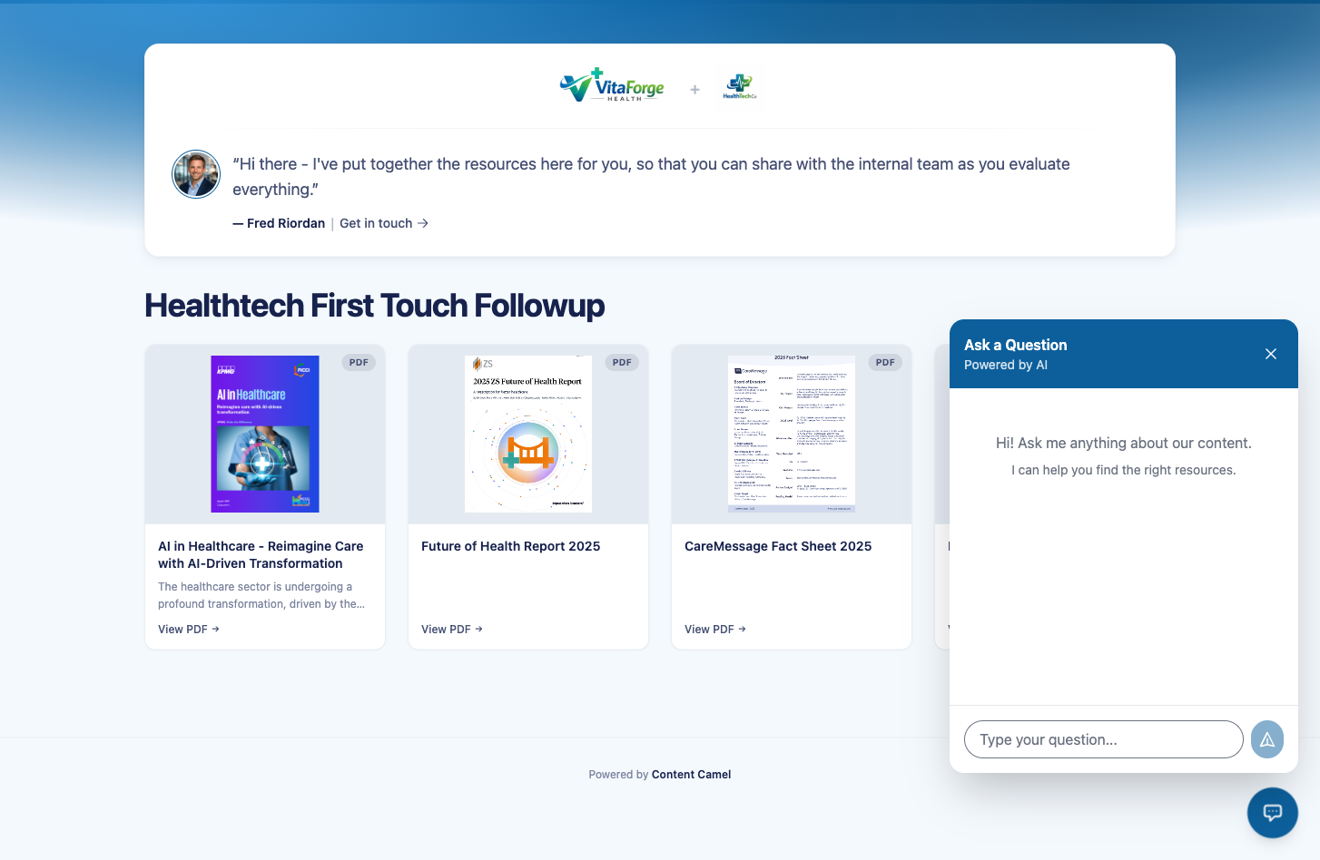 Buyer-facing site with AI chat widget showing curated content and the Ask a Question panel