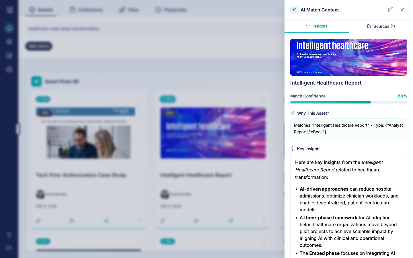 AI Match Context sidebar showing insights about why a document matched the search query