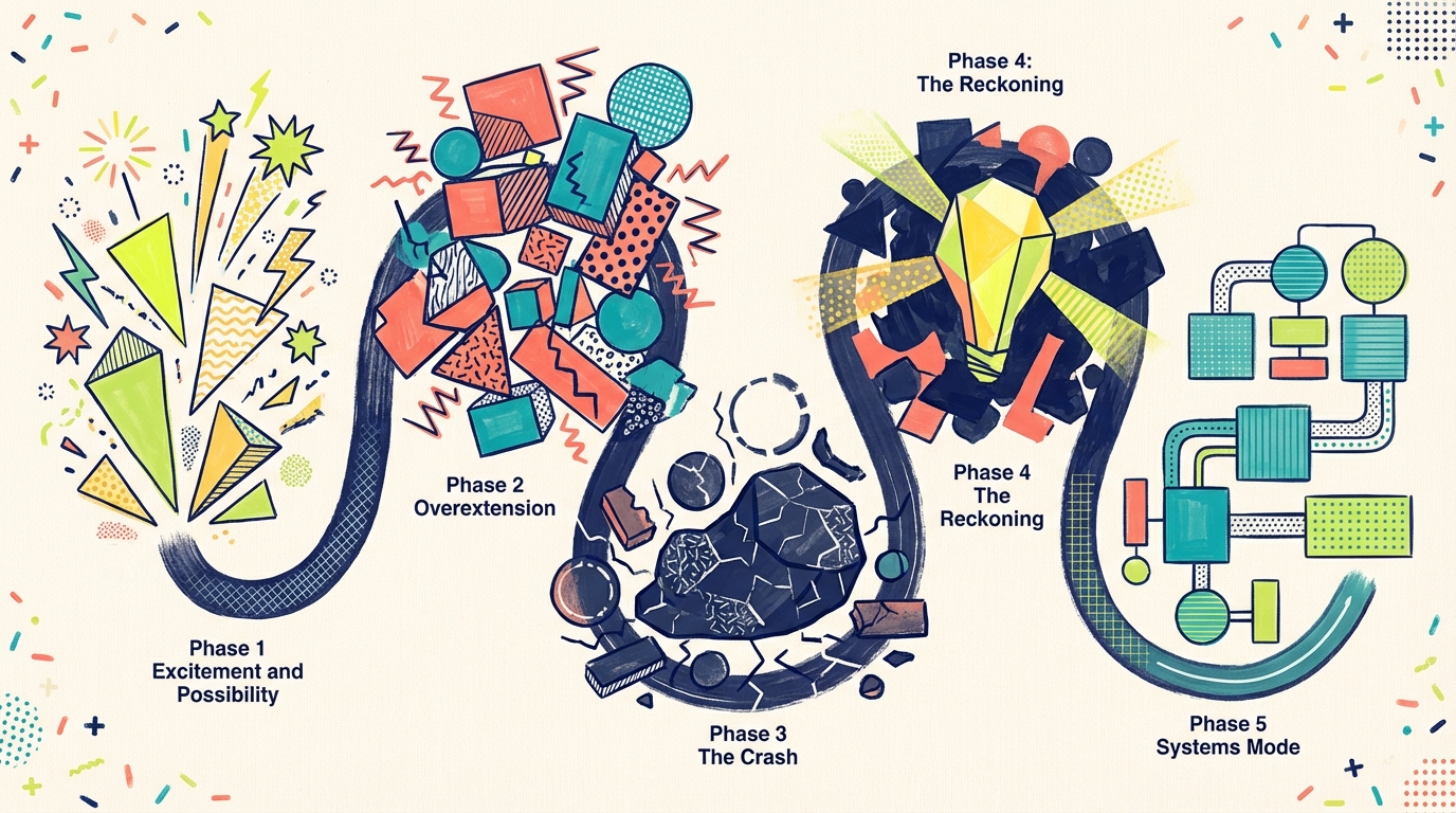 The AI fatigue cycle — from excitement through overextension, crash, reckoning, and finally systems mode