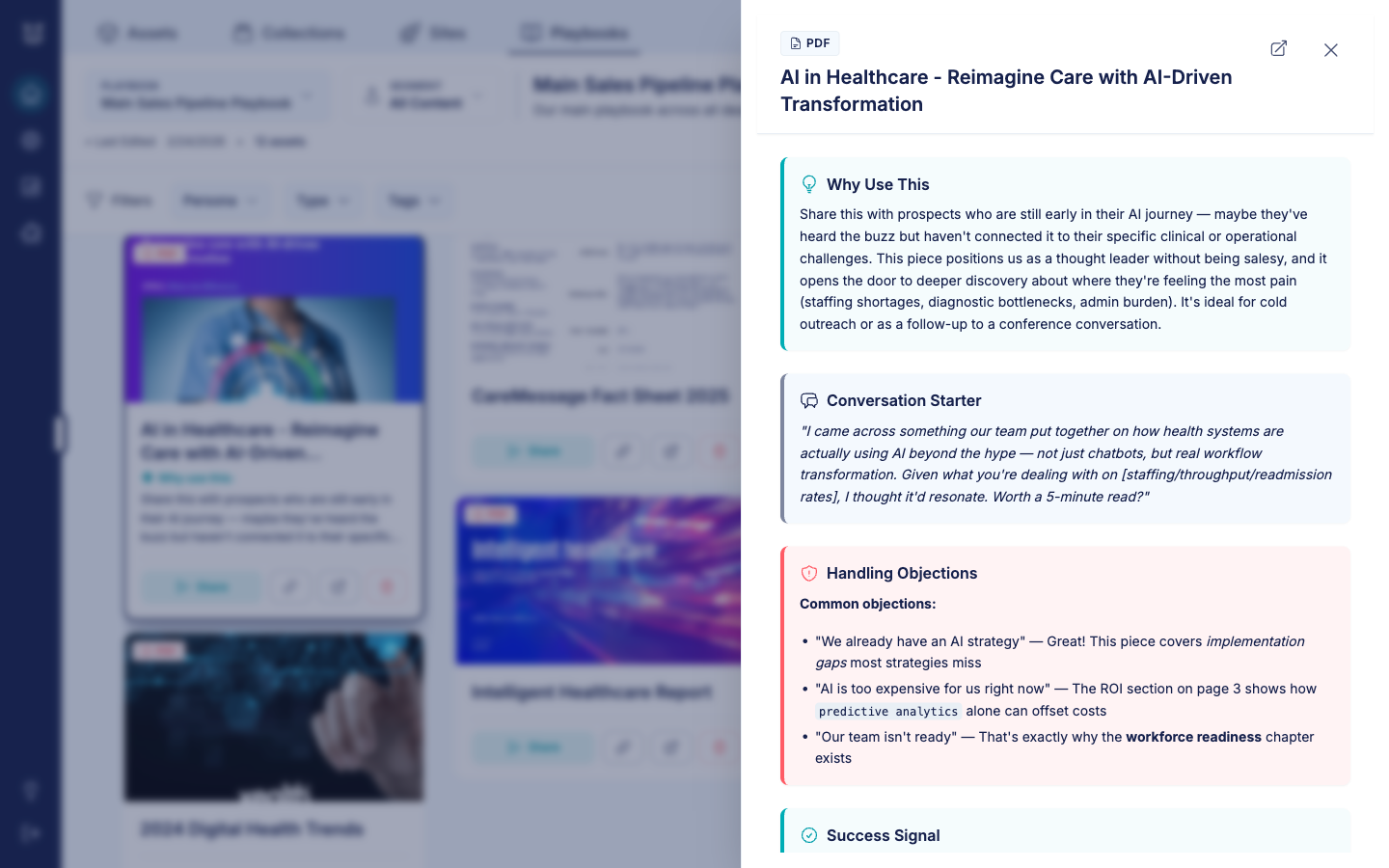 Card detail panel showing Why Use This, Conversation Starter, and Handling Objections sections