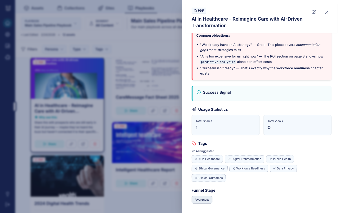 Usage statistics, AI-suggested tags, and funnel stage metadata on the card detail panel