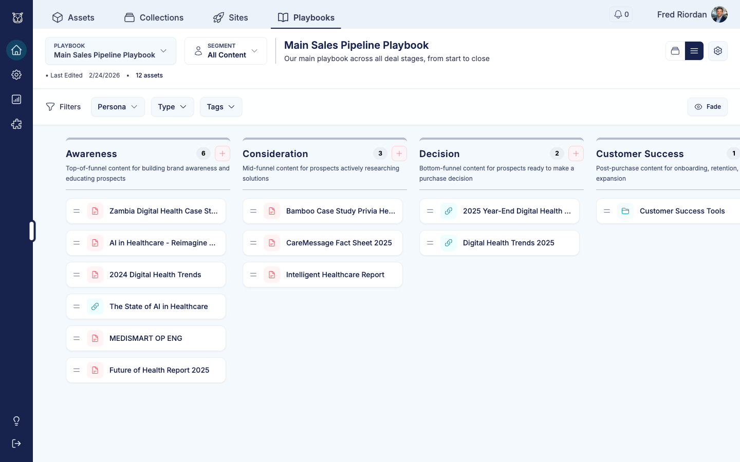 Compact list view with drag handles for quick reordering across all stages