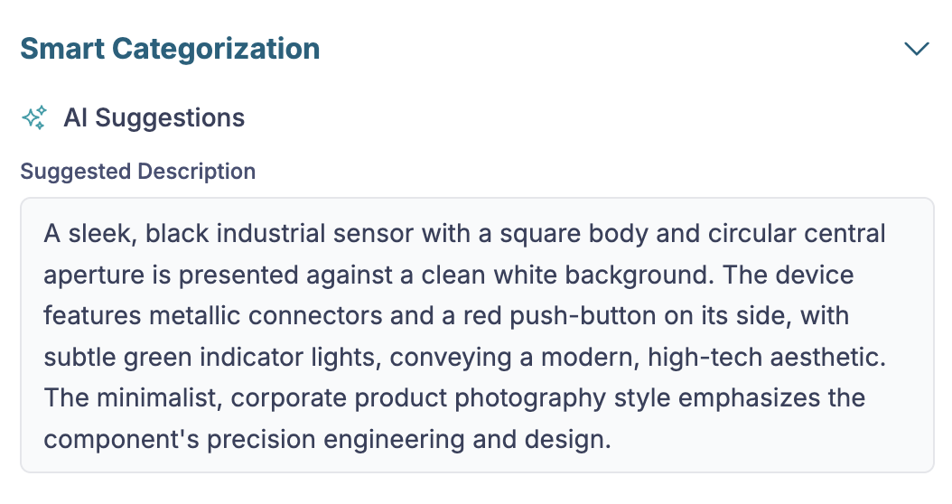 Close-up of Smart Categorization panel showing AI-generated image description