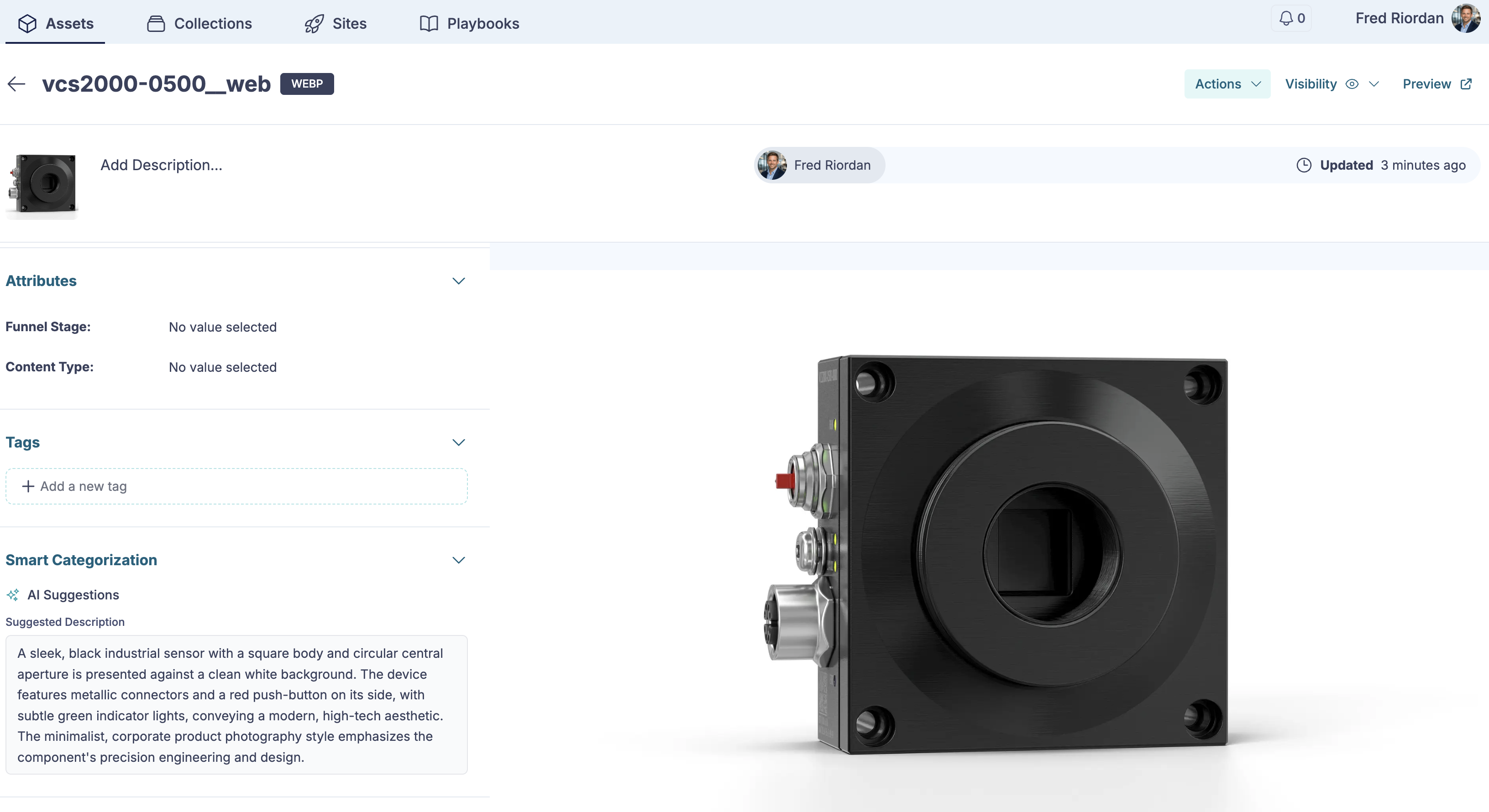 AI-generated description for an industrial sensor image in the Smart Categorization panel