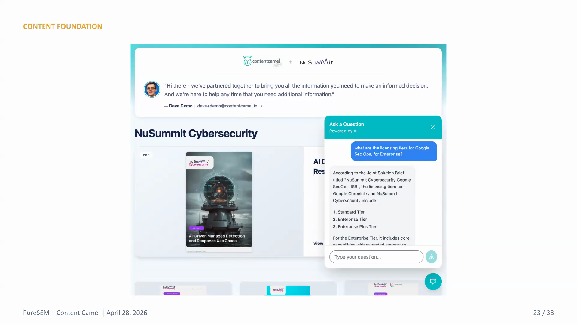 A Content Camel buyer portal with an AI chat that answers from the content the rep shared.