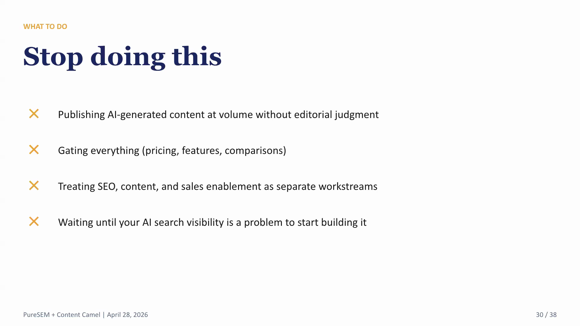 Stop doing this: gating everything, publishing AI slop at volume, treating SEO, content, and enablement as separate jobs.