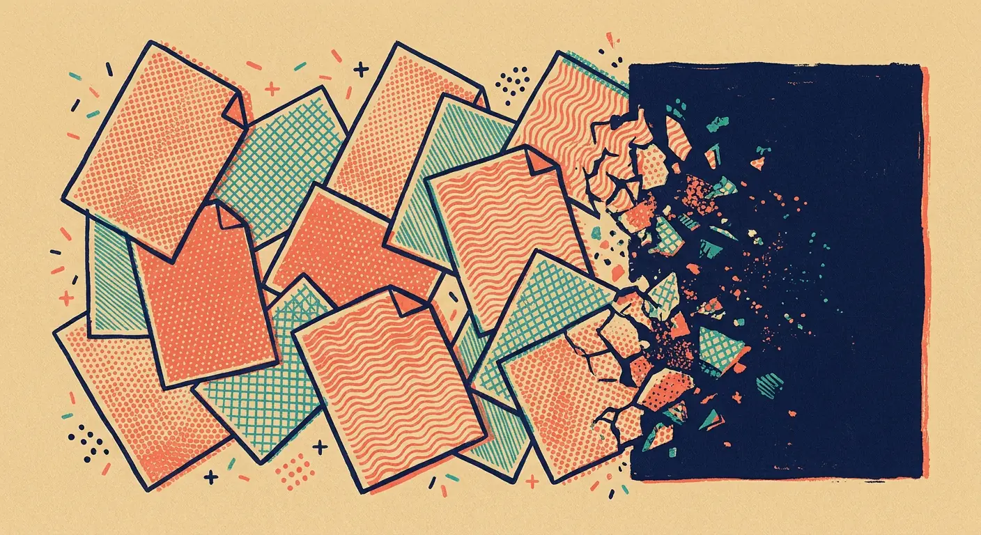 Stacked deal documents dissolving into fragments as they disappear into a solid dark block with no trace