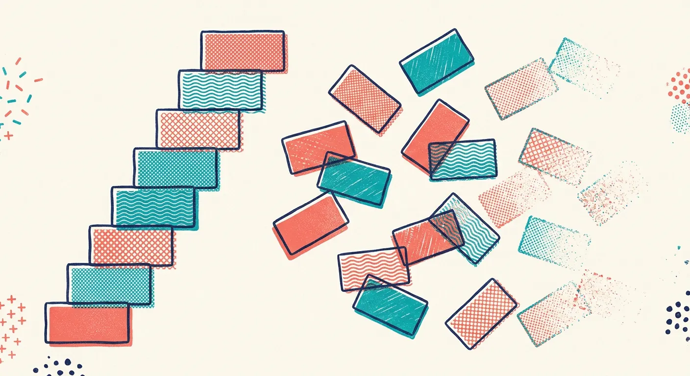 A single ordered queue of reminders next to a scattered, unsorted pile of the same reminders
